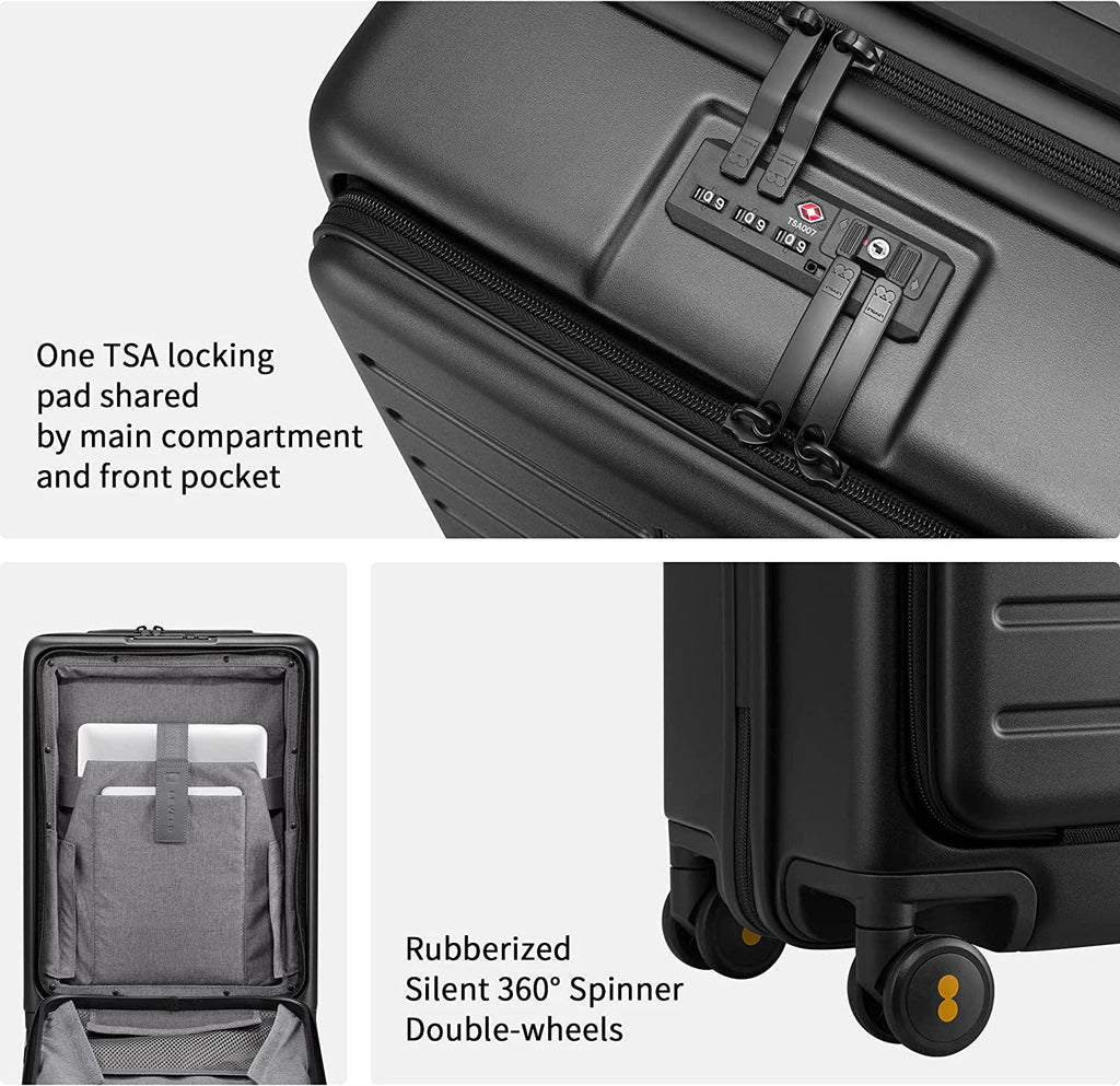 Road Runner Carry On Luggage, 20-Inch Lightweight PC Hardside Suitcase, Spinner Luggage with Front Pocket, Double TSA Locks - Black
