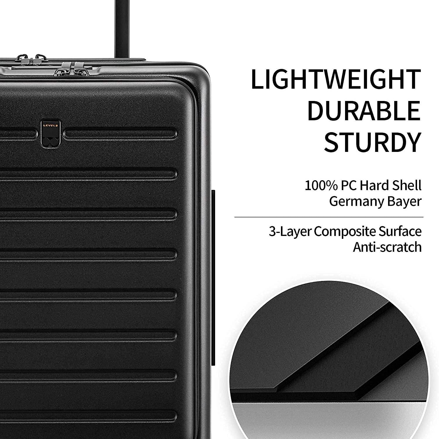 Road Runner Carry On Luggage, 20-Inch Lightweight PC Hardside Suitcase, Spinner Luggage with Front Pocket, Double TSA Locks - Black