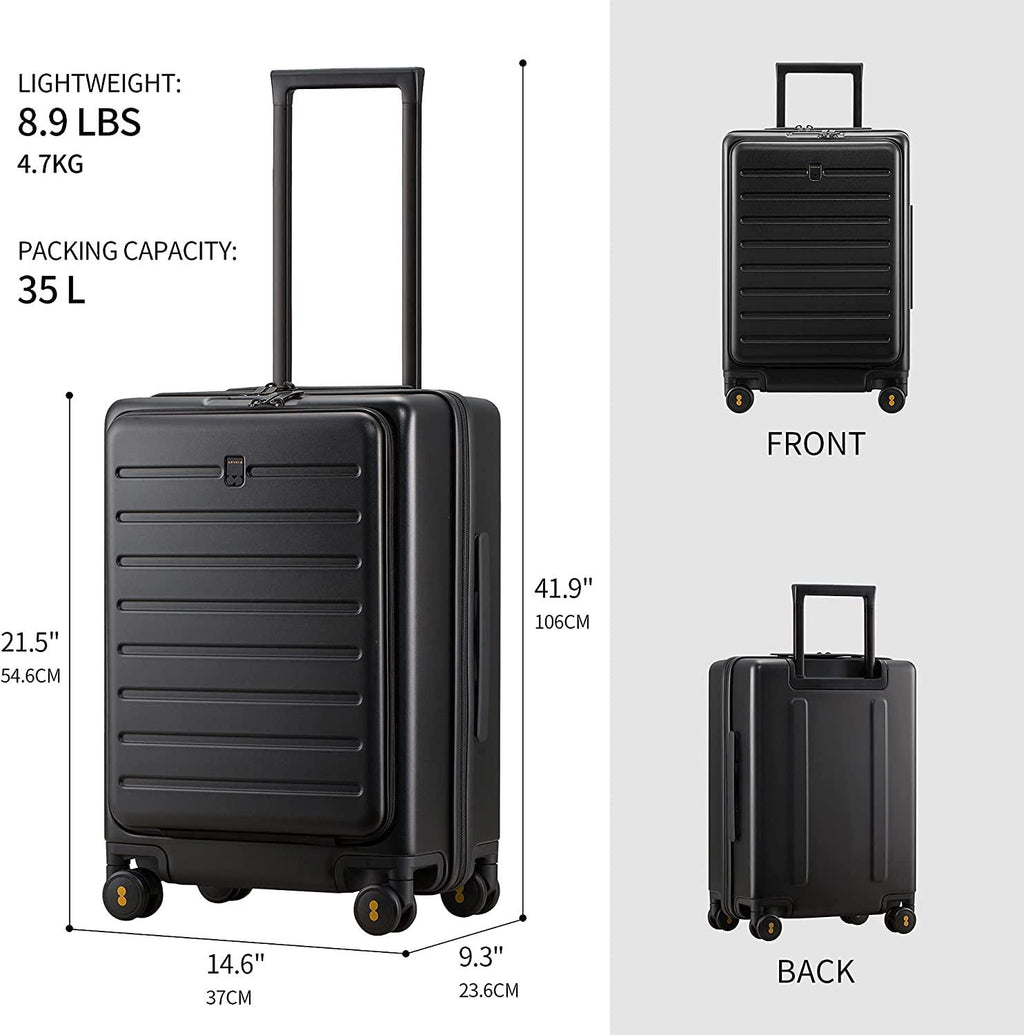 Road Runner Carry On Luggage, 20-Inch Lightweight PC Hardside Suitcase, Spinner Luggage with Front Pocket, Double TSA Locks - Black