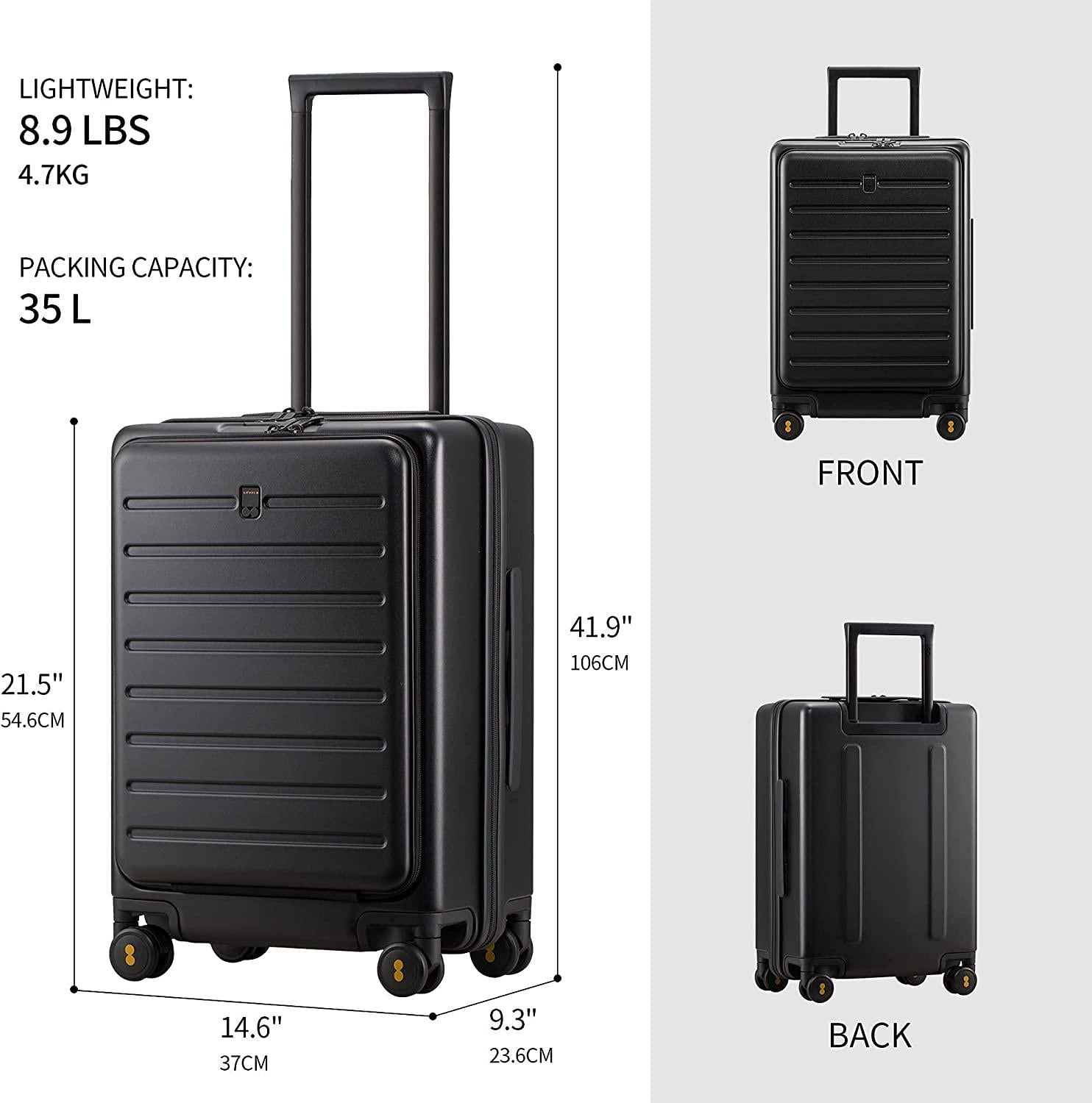 Road Runner Carry On Luggage, 20-Inch Lightweight PC Hardside Suitcase, Spinner Luggage with Front Pocket, Double TSA Locks - Black