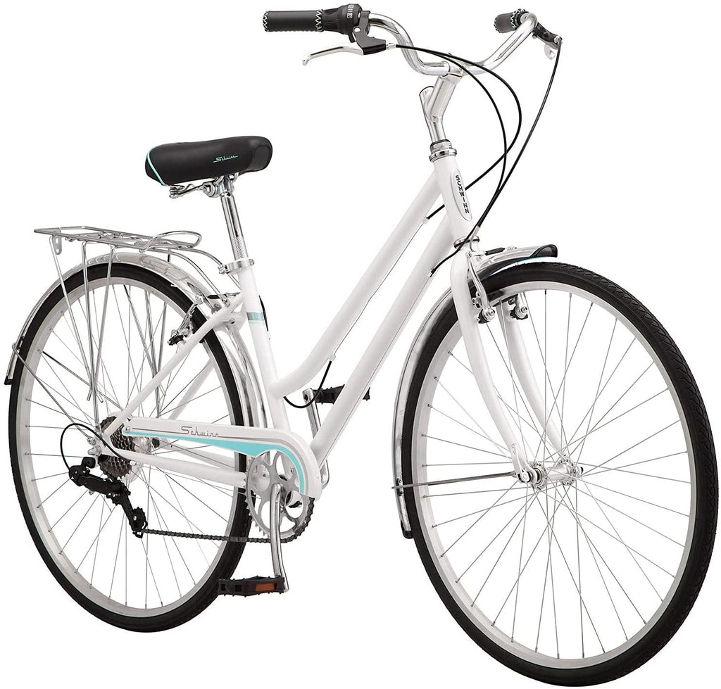 Schwinn Wayfarer Adult Bike Hybrid Retro-Styled Cruiser, 16-Inch/Small Steel Step-Through Frame, 7-Speed Drivetrain, Rear Rack, 700C Wheels, White