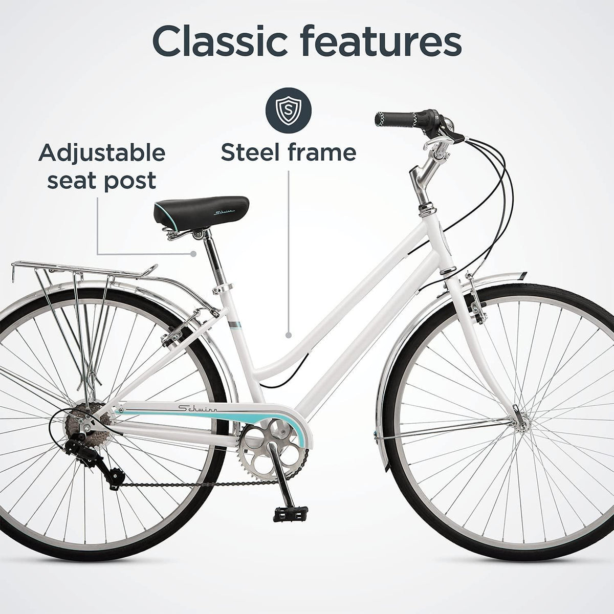 Schwinn Wayfarer Adult Bike Hybrid Retro-Styled Cruiser, 16-Inch/Small Steel Step-Through Frame, 7-Speed Drivetrain, Rear Rack, 700C Wheels, White