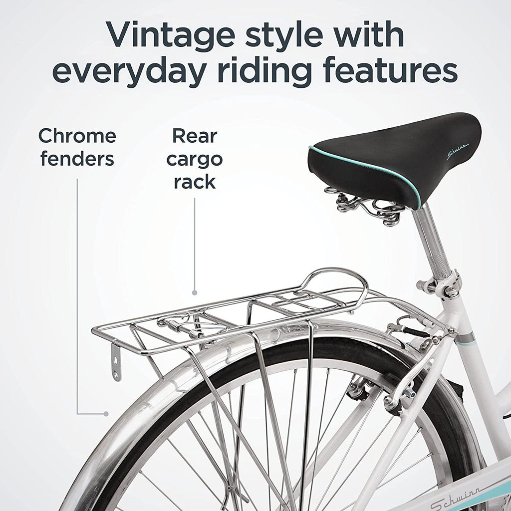 Schwinn Wayfarer Adult Bike Hybrid Retro-Styled Cruiser, 16-Inch/Small Steel Step-Through Frame, 7-Speed Drivetrain, Rear Rack, 700C Wheels, White
