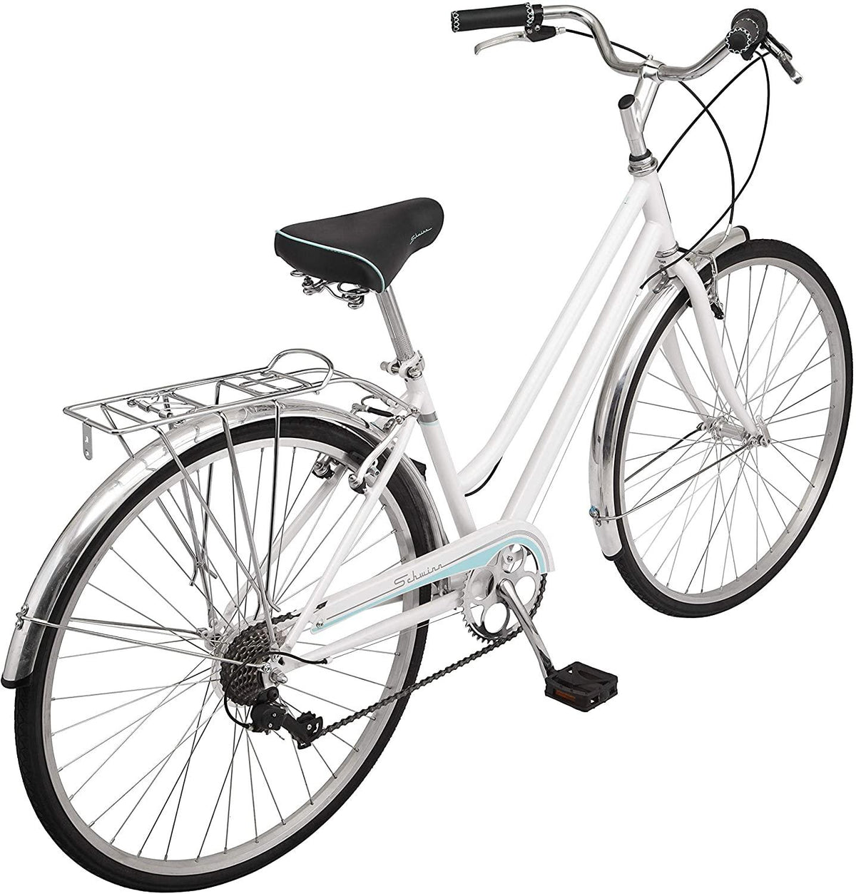 Schwinn Wayfarer Adult Bike Hybrid Retro-Styled Cruiser, 16-Inch/Small Steel Step-Through Frame, 7-Speed Drivetrain, Rear Rack, 700C Wheels, White