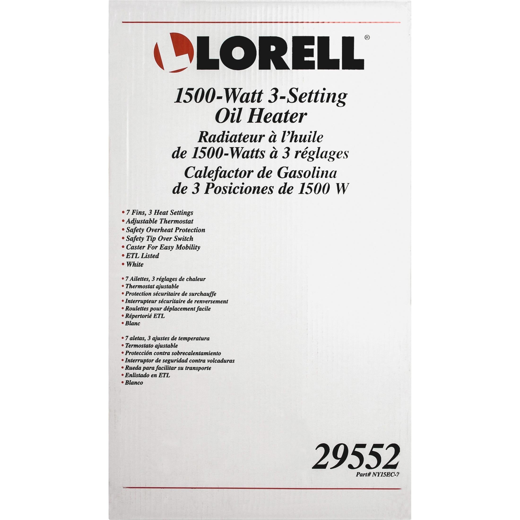 Lorell 1500 Watt 3-Setting Oil Filled Heater Oil Filled - Electric - 1500 W - 3 x Heat Settings - White