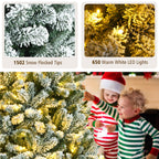 Costway 8ft Pre-lit Snow Flocked Hinged Christmas Tree w/1502 Tips &amp; Metal Stand