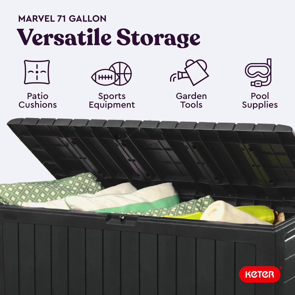 Plus 71 Gallon Resin Deck Box-Organization and Storafor Patio StoraBox Outdoor Cushions, Throw Pillows, Garden Tools and Pool Accessories, Dark Grey