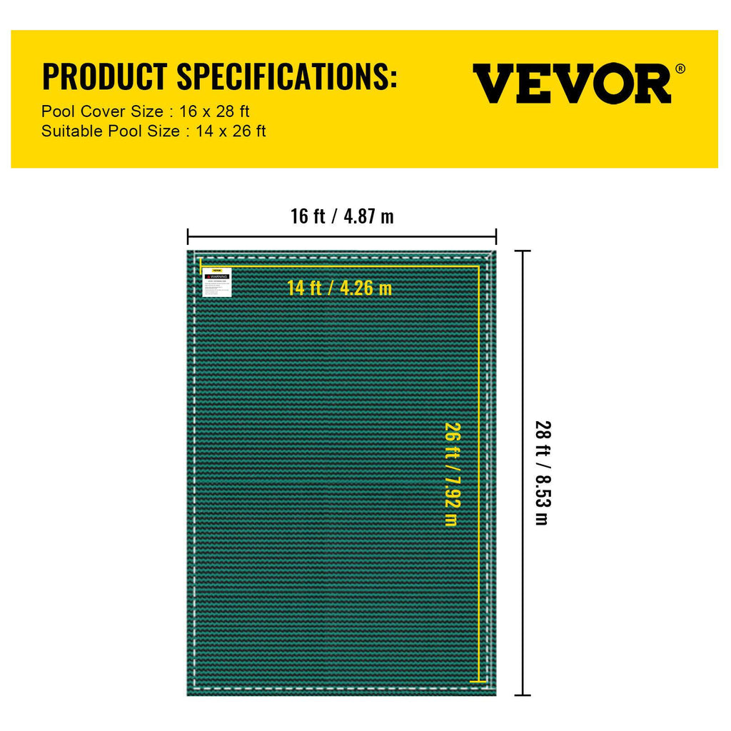 vevor mesh winter pool safety cover 16'x28' for 14'x26' in-ground pool outdoor