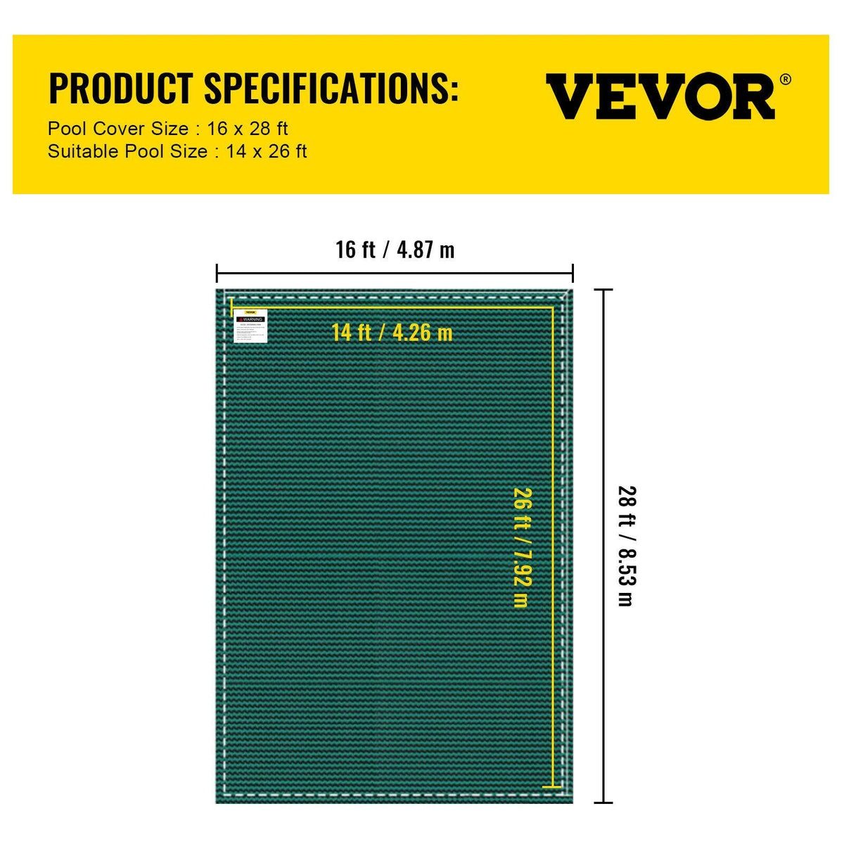 vevor mesh winter pool safety cover 16'x28' for 14'x26' in-ground pool outdoor