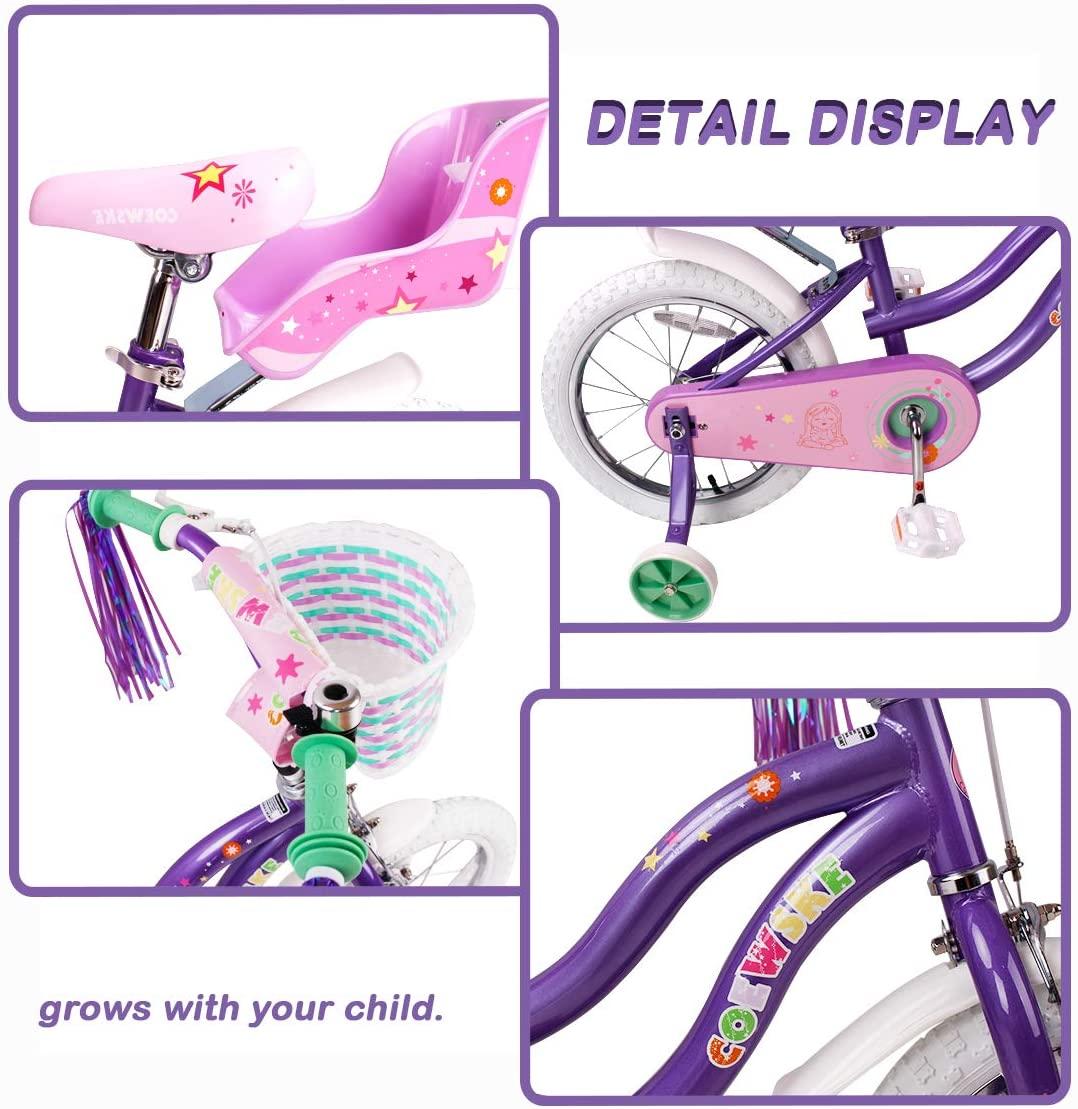 COEWSKE Kid's Bike Steel Frame Children Bicycle Little Princess Style 12-14-16-18-20 Inch with Training Wheel