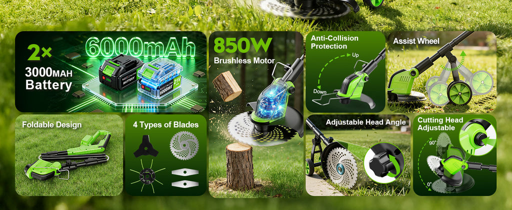 20000 RPM Electric Weed Eater Battery Powered 6000mAh, 12″ Brushless Electric Weed Wacker Cordless Wheeled Edger Trimmer, 4-in-1 Brush Cutter Heavy Duty/String Trimmer/Lawn Mower Edger, 2 Battery Tool