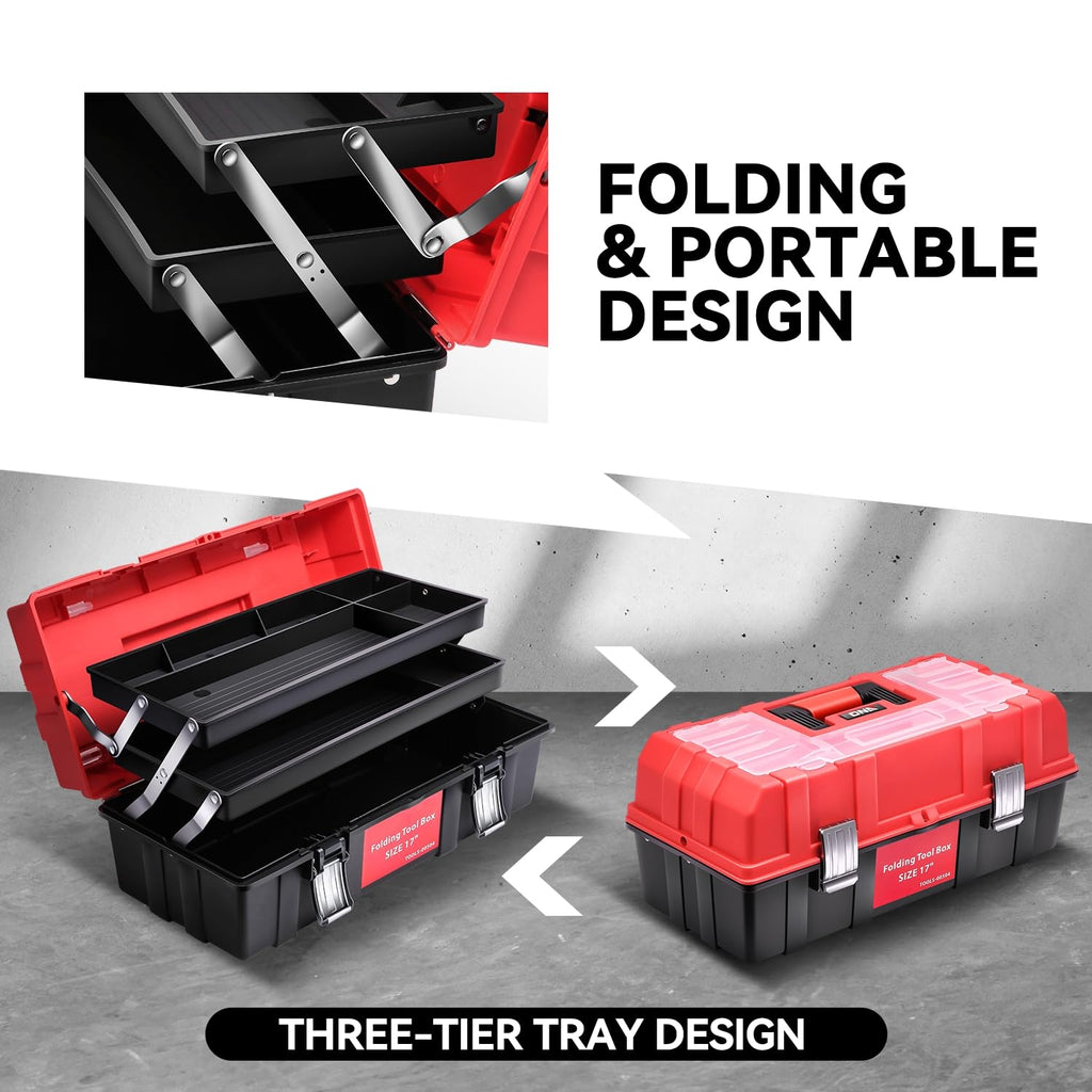 Tool Box Organizer Portable 3-layer Folding Toolbox with Non-slip Handle Tray for Garage, Workshop and On-the-Go Repairs, Red/Black
