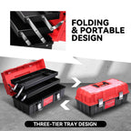 Tool Box Organizer Portable 3-layer Folding Toolbox with Non-slip Handle Tray for Garage, Workshop and On-the-Go Repairs, Red/Black