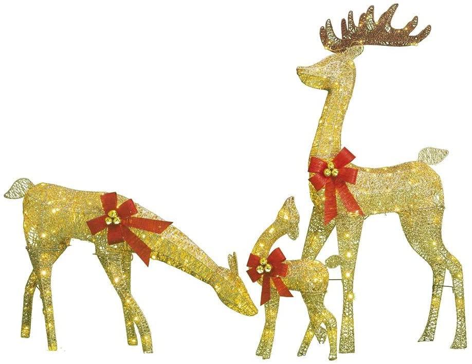3 Piece Lighted Deer Family Buck Doe Fawn Sculpture Decoration Pre Lit Display Outdoor Christmas Yard Decoration Garden Yard Art Holiday Winter Display