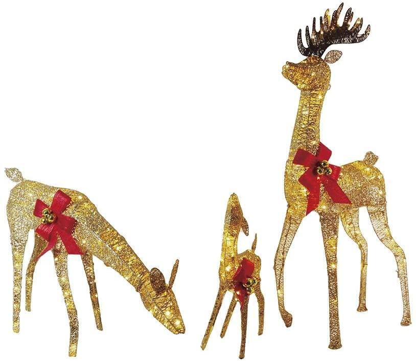 3 Piece Lighted Deer Family Buck Doe Fawn Sculpture Decoration Pre Lit Display Outdoor Christmas Yard Decoration Garden Yard Art Holiday Winter Display