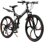 Outroad Folding Mountain Bike 6 Spoke 21 Speed 26 inch Wheel Double Disc Brakes Full Suspension Anti-Slip, Black