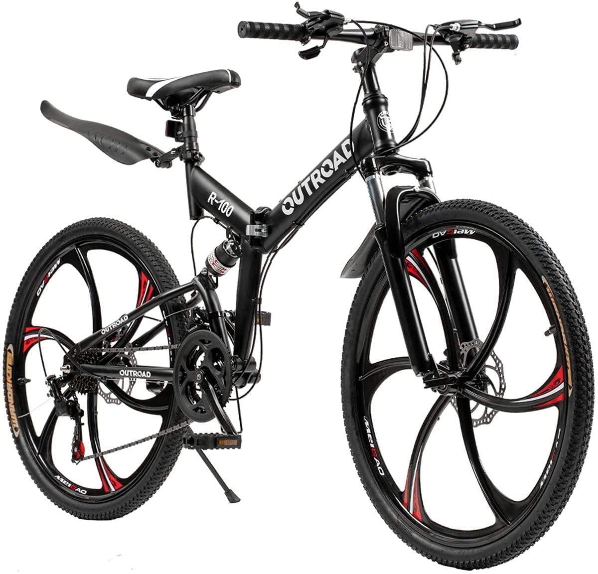 Outroad Folding Mountain Bike 6 Spoke 21 Speed 26 inch Wheel Double Disc Brakes Full Suspension Anti-Slip, Black