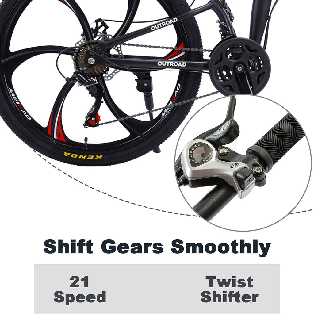 Outroad Folding Mountain Bike 6 Spoke 21 Speed 26 inch Wheel Double Disc Brakes Full Suspension Anti-Slip, Black