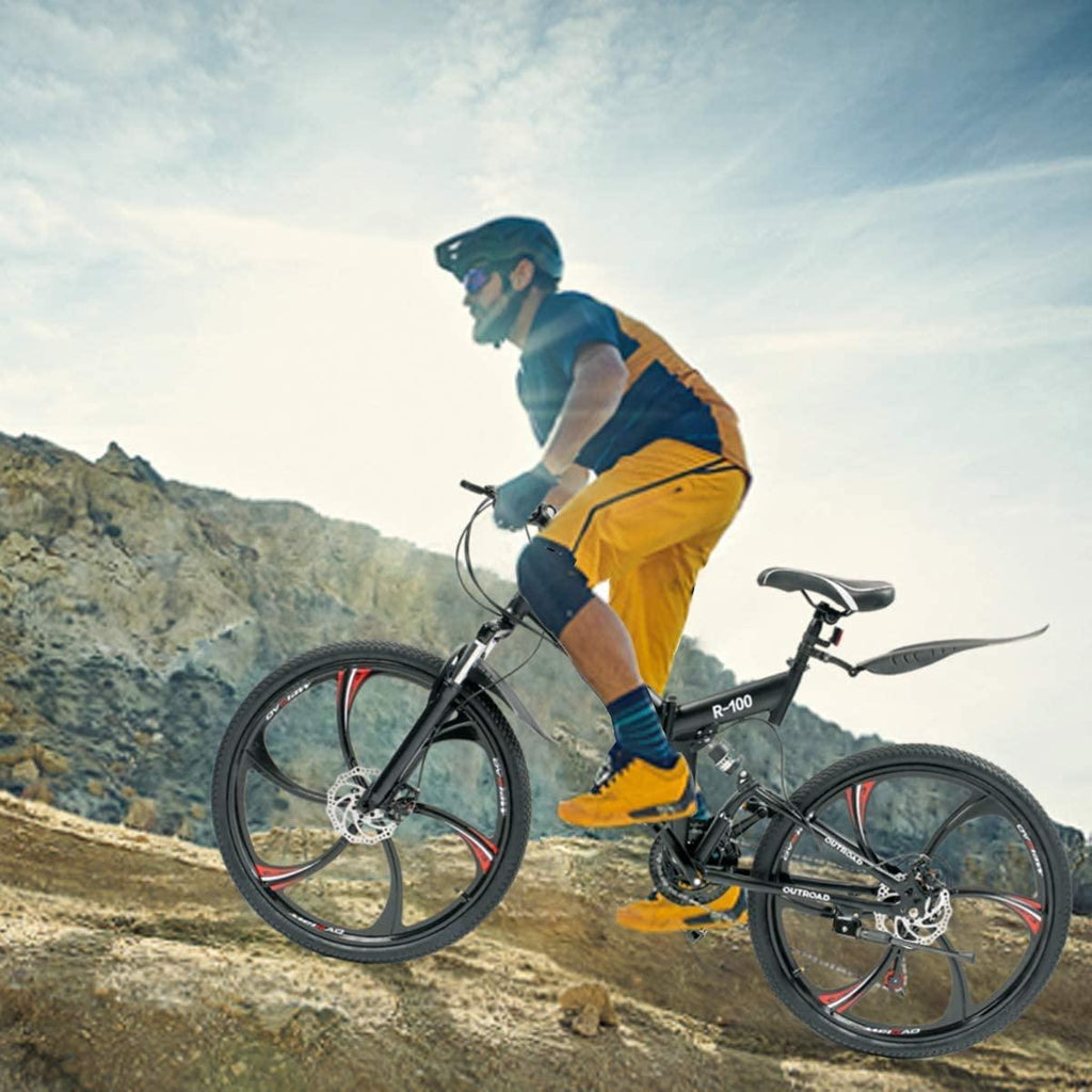 Outroad Folding Mountain Bike 6 Spoke 21 Speed 26 inch Wheel Double Disc Brakes Full Suspension Anti-Slip, Black
