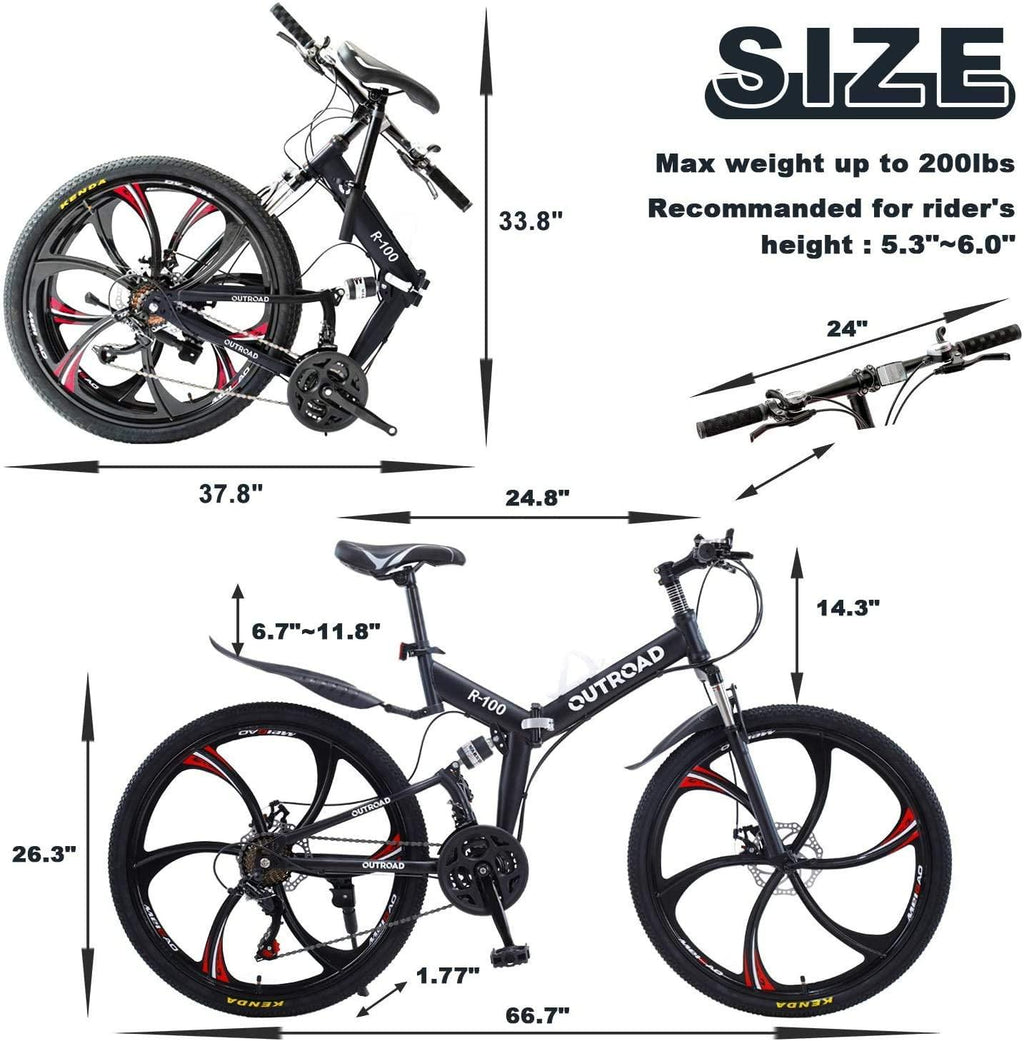 Outroad Folding Mountain Bike 6 Spoke 21 Speed 26 inch Wheel Double Disc Brakes Full Suspension Anti-Slip, Black