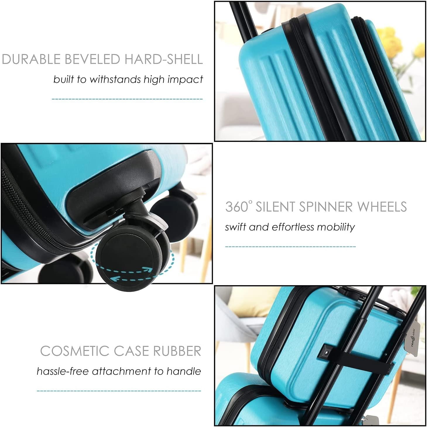 Carry On Luggage 22x14x9 Airline Approved, Teal Durable Hard Shell Carry-on Luggage with Spinner Wheels, Lightweight Carry On Suitcase Set with Small Cosmetic Case – 22 Inch Small Suitcase