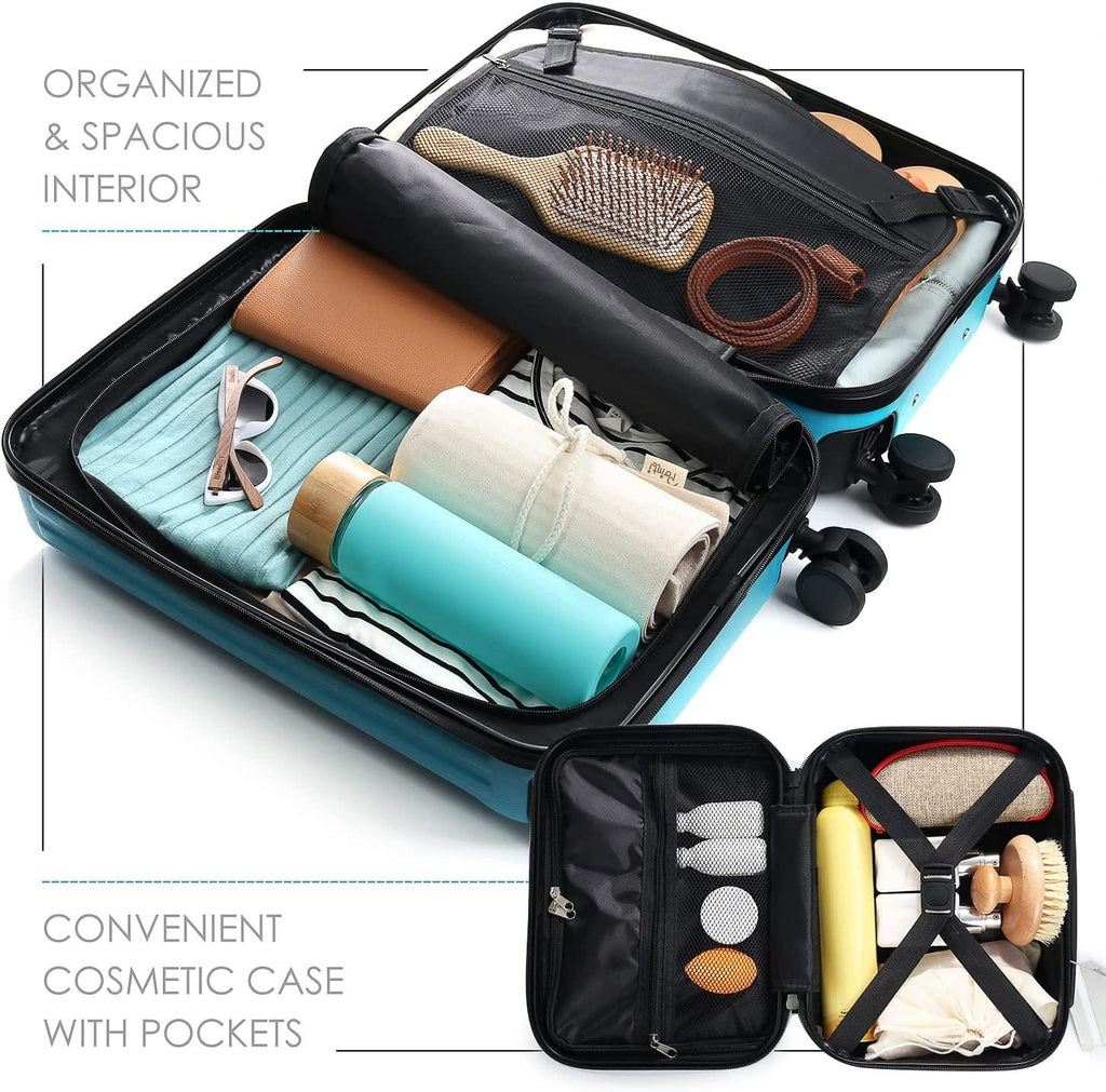 Carry On Luggage 22x14x9 Airline Approved, Teal Durable Hard Shell Carry-on Luggage with Spinner Wheels, Lightweight Carry On Suitcase Set with Small Cosmetic Case – 22 Inch Small Suitcase