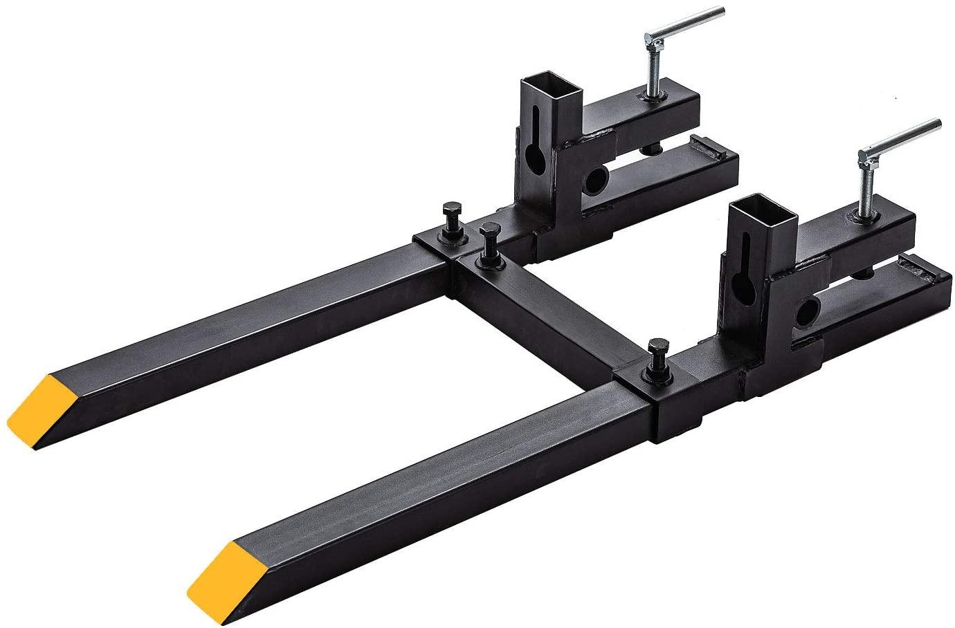 light duty 43" clamp on pallet forks w/adjustable stabilizer bar(13" - 23" w), 2000lbs capacity max for loader bucket skidsteer tractor（43inch total 30inch fork length）
