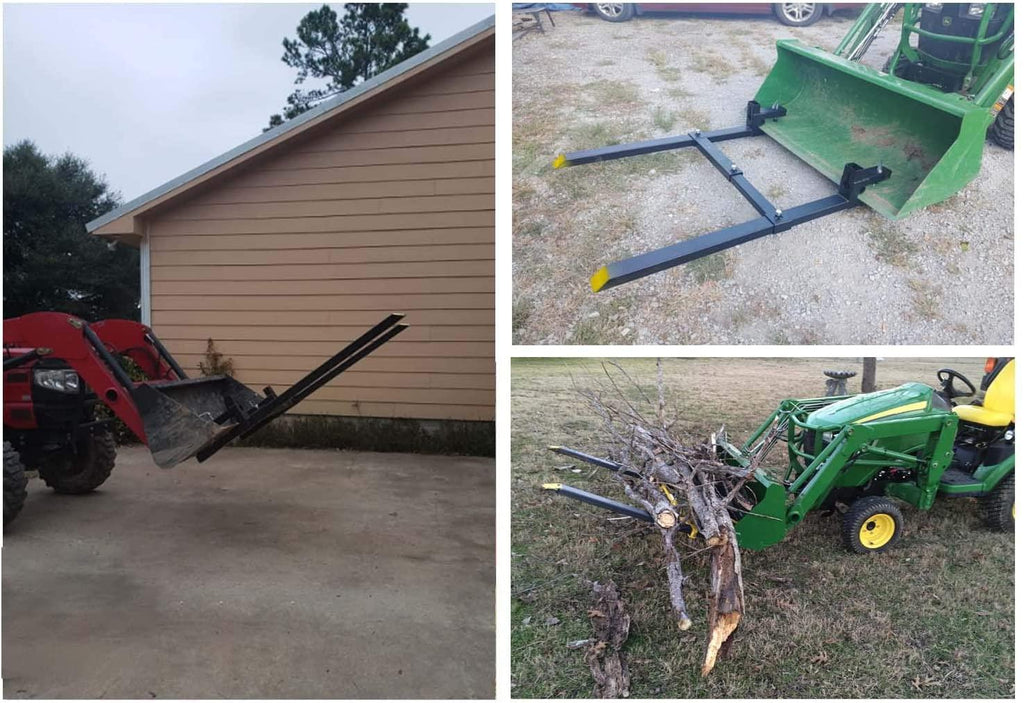 light duty 43" clamp on pallet forks w/adjustable stabilizer bar(13" - 23" w), 2000lbs capacity max for loader bucket skidsteer tractor（43inch total 30inch fork length）