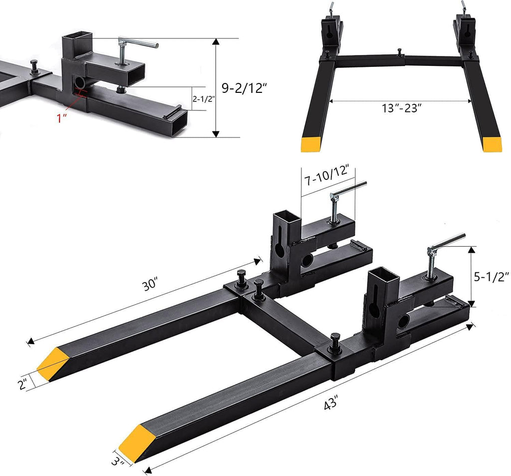 light duty 43" clamp on pallet forks w/adjustable stabilizer bar(13" - 23" w), 2000lbs capacity max for loader bucket skidsteer tractor（43inch total 30inch fork length）