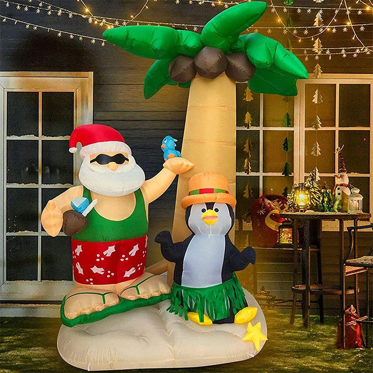 Taek-cheon 2.1M Inflatable Decorations Father Christmas Christmas Penguin Coconut Tree Sand Beach with Ground Fork Transformer Rope  Air Blown Garden Decoration