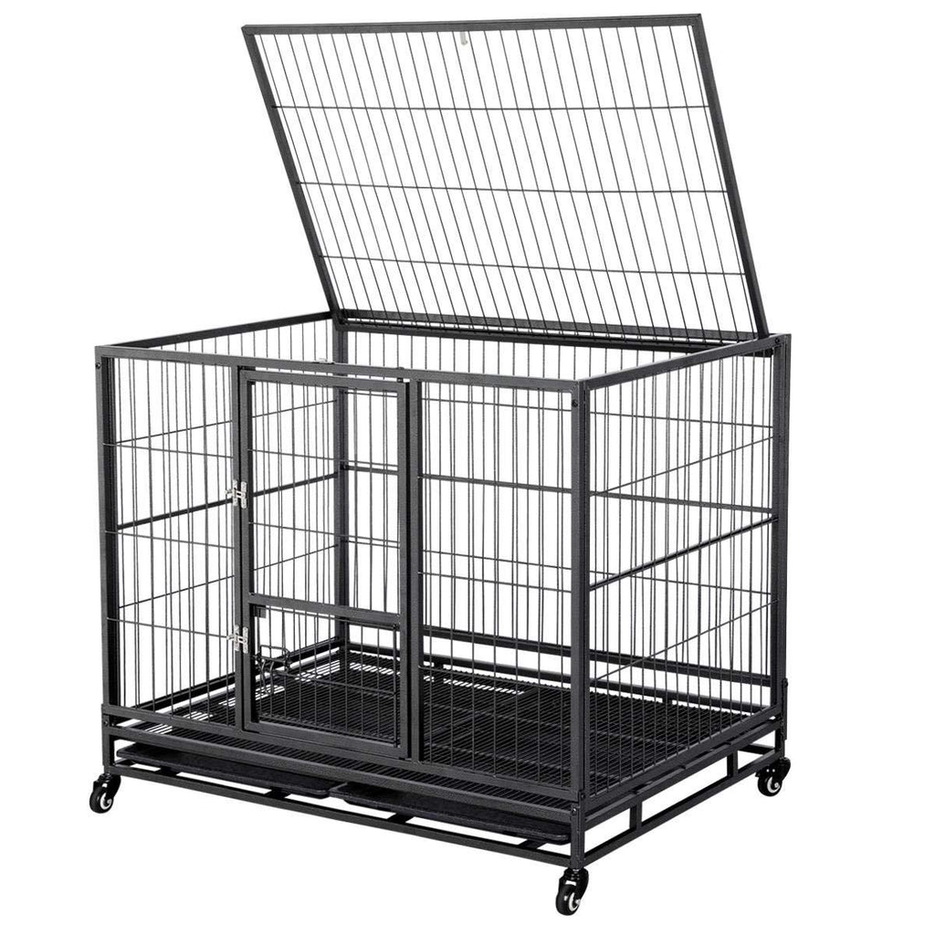 43-inch Heavy Duty Metal Dog CaCrate Collapsible Pet Kennel w/Double Doors &amp; Locks/Lockable Wheels/Double Tray Indoor Outdoor Black