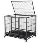 43-inch Heavy Duty Metal Dog CaCrate Collapsible Pet Kennel w/Double Doors &amp; Locks/Lockable Wheels/Double Tray Indoor Outdoor Black