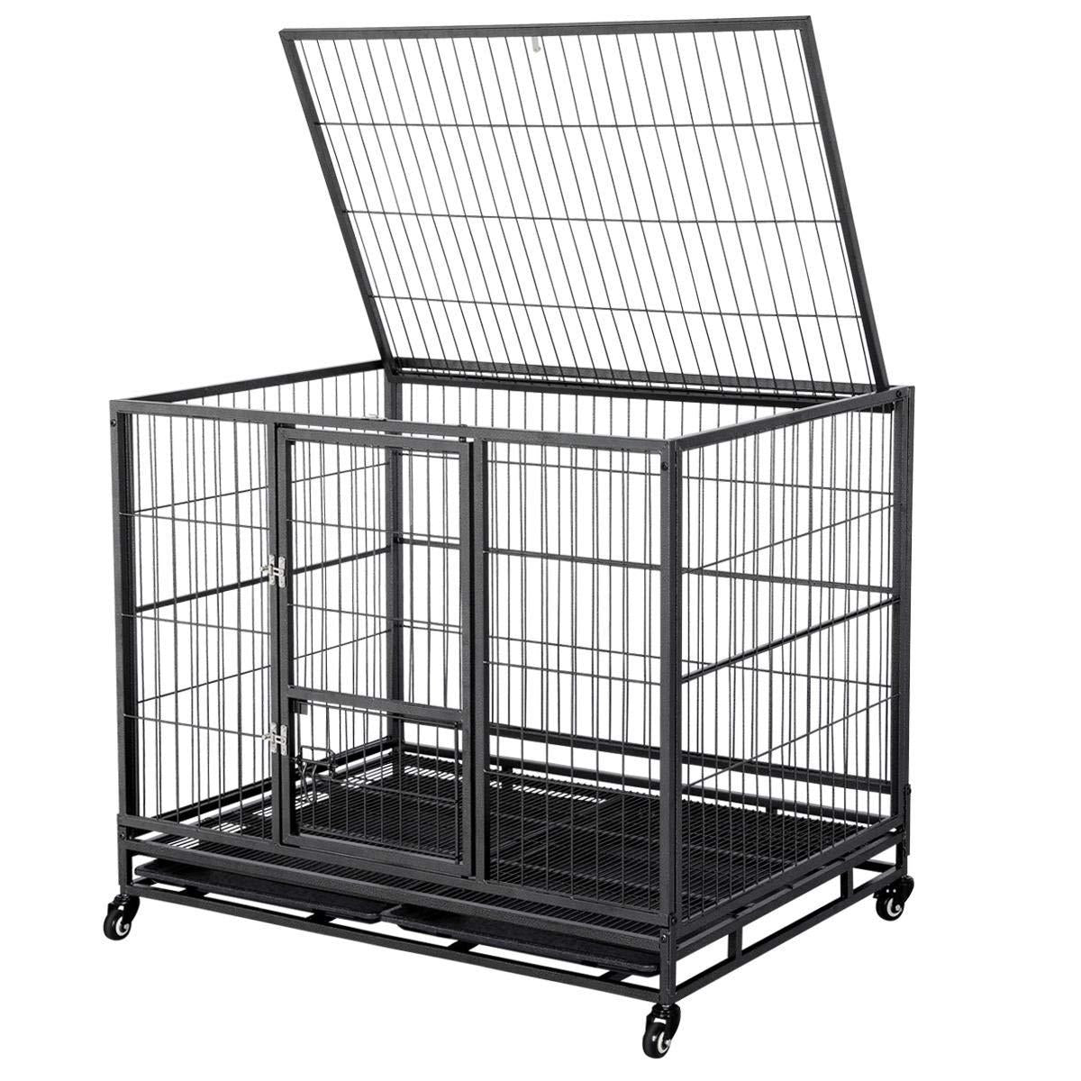 43-inch Heavy Duty Metal Dog CaCrate Collapsible Pet Kennel w/Double Doors &amp; Locks/Lockable Wheels/Double Tray Indoor Outdoor Black