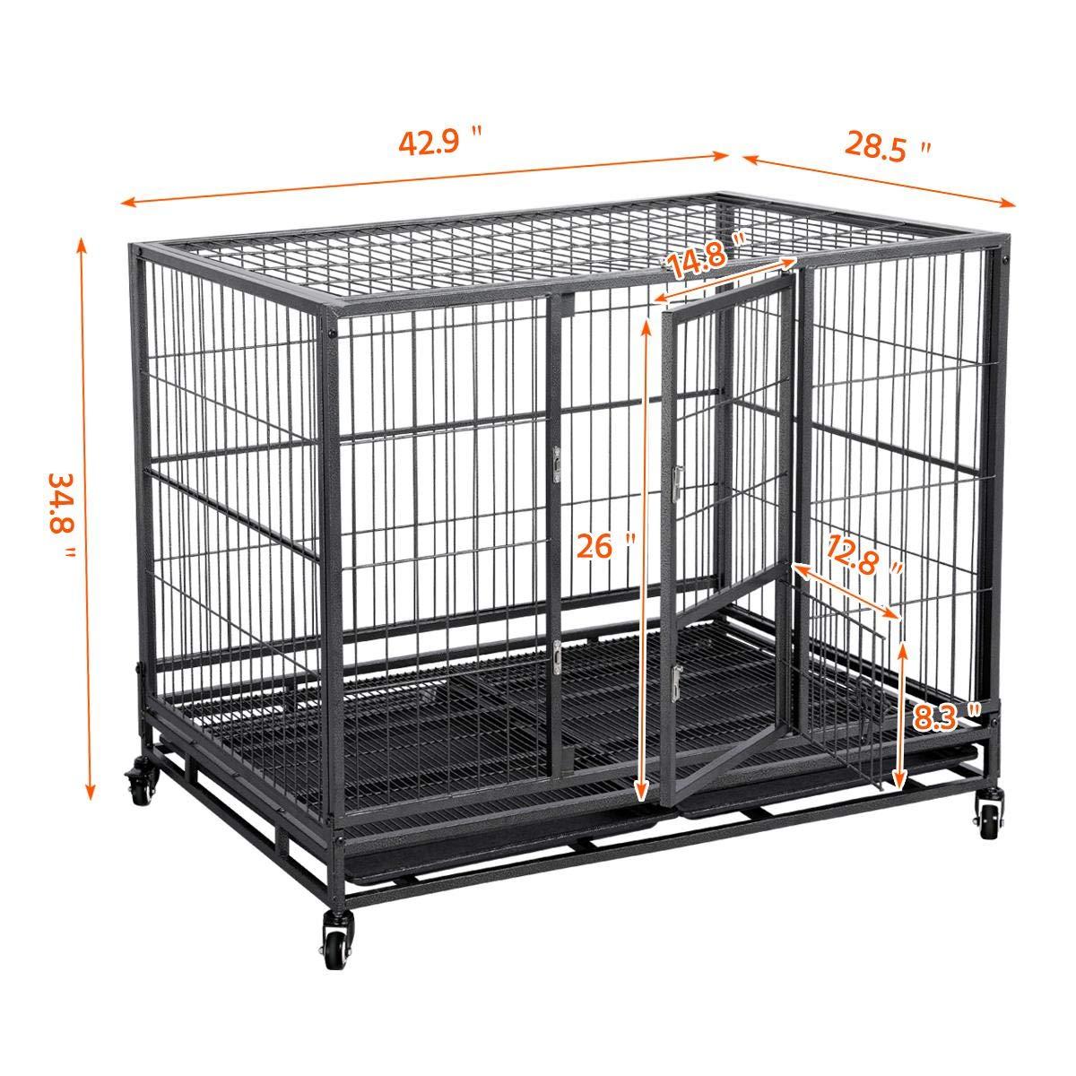 43-inch Heavy Duty Metal Dog CaCrate Collapsible Pet Kennel w/Double Doors &amp; Locks/Lockable Wheels/Double Tray Indoor Outdoor Black