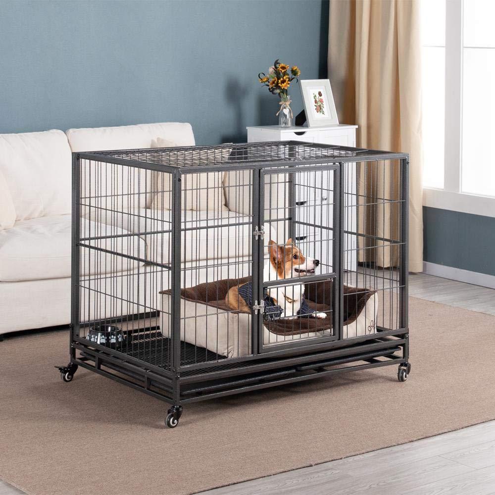 43-inch Heavy Duty Metal Dog CaCrate Collapsible Pet Kennel w/Double Doors &amp; Locks/Lockable Wheels/Double Tray Indoor Outdoor Black