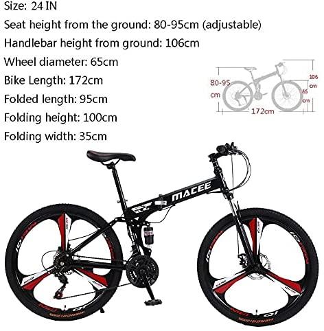 24 Inch Folding Mountain Bike with 21 Speed, High Carbon Steel Frame Mens Mountain Bikes with Full Suspension &amp; Double Disc Brake, Adult Mountain Bike Non-Slip MTB Bicycles for Women &amp; Men
