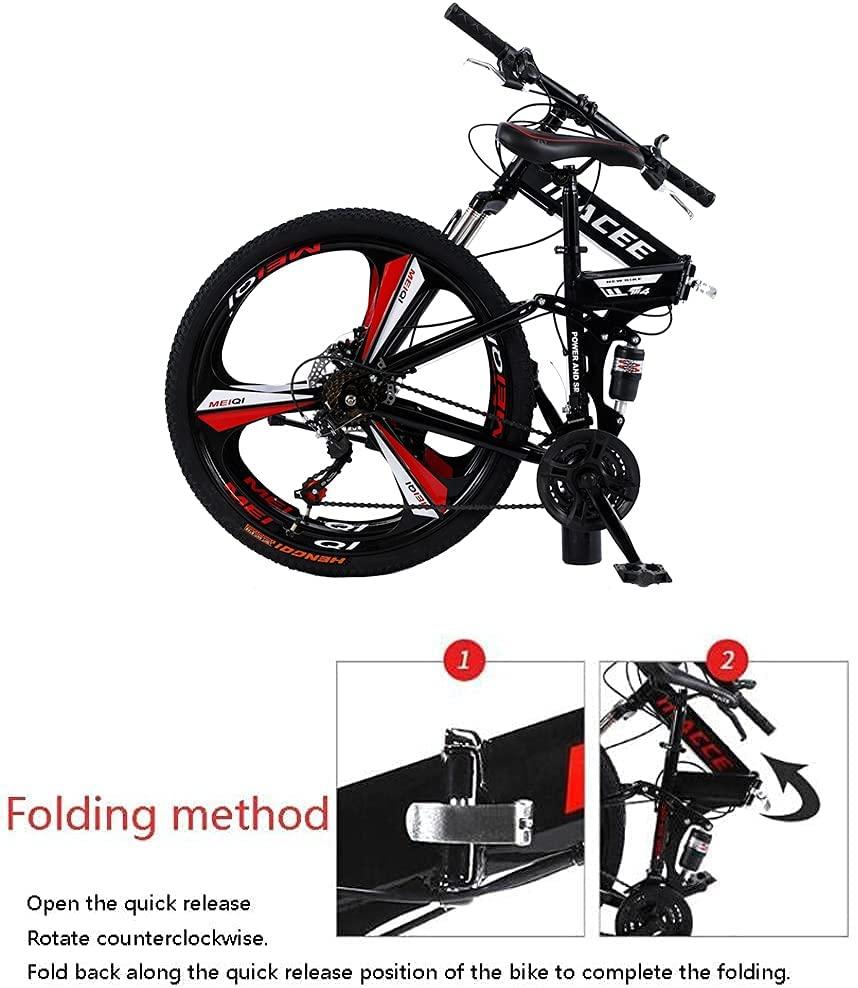 24 Inch Folding Mountain Bike with 21 Speed, High Carbon Steel Frame Mens Mountain Bikes with Full Suspension &amp; Double Disc Brake, Adult Mountain Bike Non-Slip MTB Bicycles for Women &amp; Men