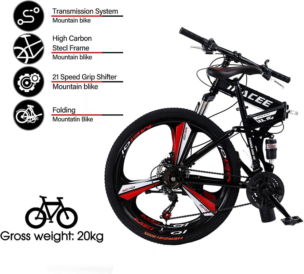 24 Inch Folding Mountain Bike with 21 Speed, High Carbon Steel Frame Mens Mountain Bikes with Full Suspension &amp; Double Disc Brake, Adult Mountain Bike Non-Slip MTB Bicycles for Women &amp; Men
