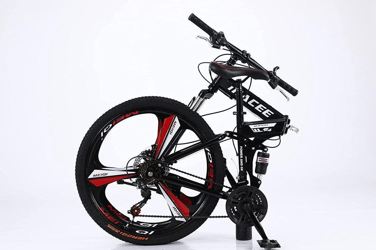 24 Inch Folding Mountain Bike with 21 Speed, High Carbon Steel Frame Mens Mountain Bikes with Full Suspension &amp; Double Disc Brake, Adult Mountain Bike Non-Slip MTB Bicycles for Women &amp; Men