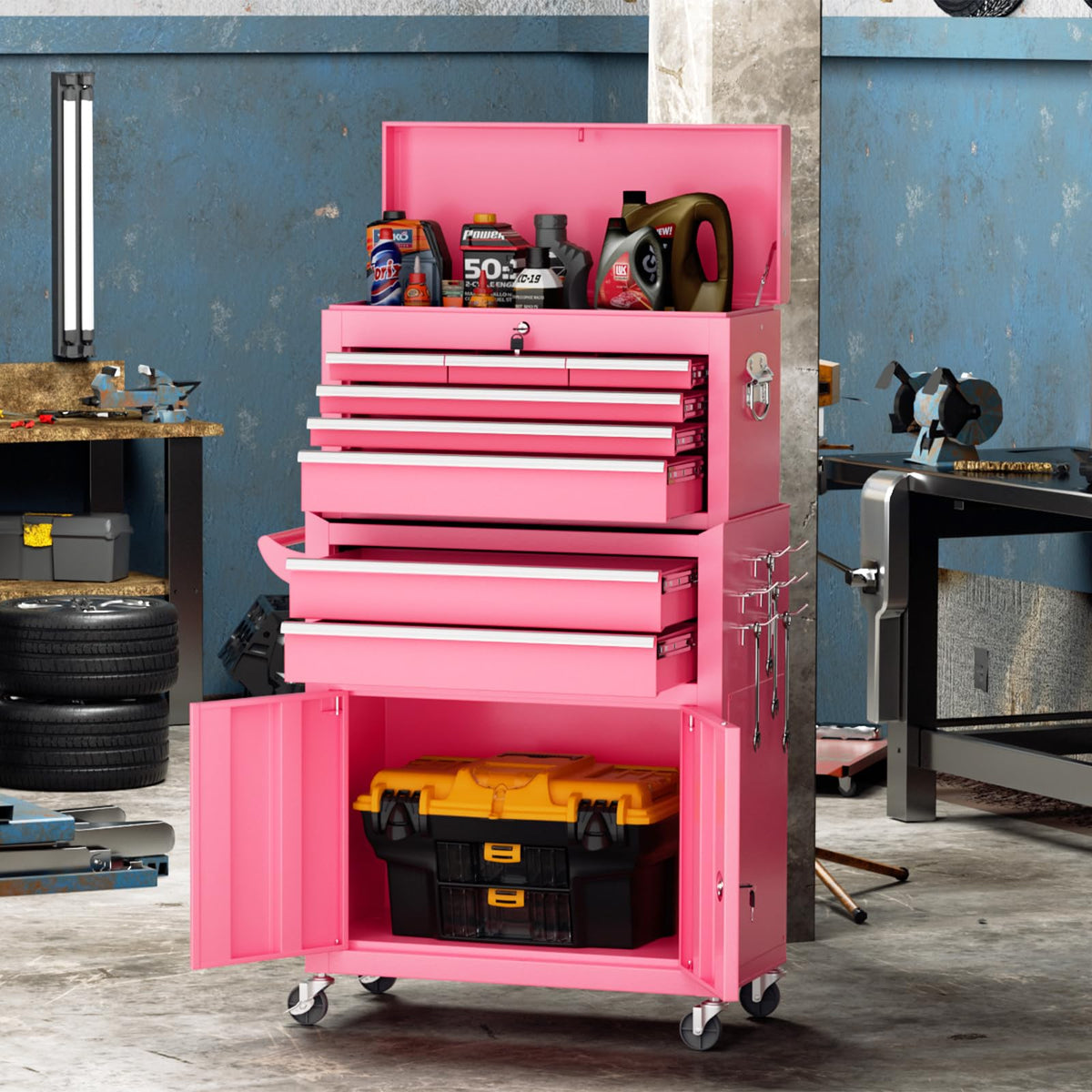 8 Drawer Rolling Tool Chest with Wheels, Lockable 2 in 1 Detachable Tool Cabinet wit Drawers and Black Liners, GaraTop Toolbox and Bottom StoraCart with Side Hooks,Pink