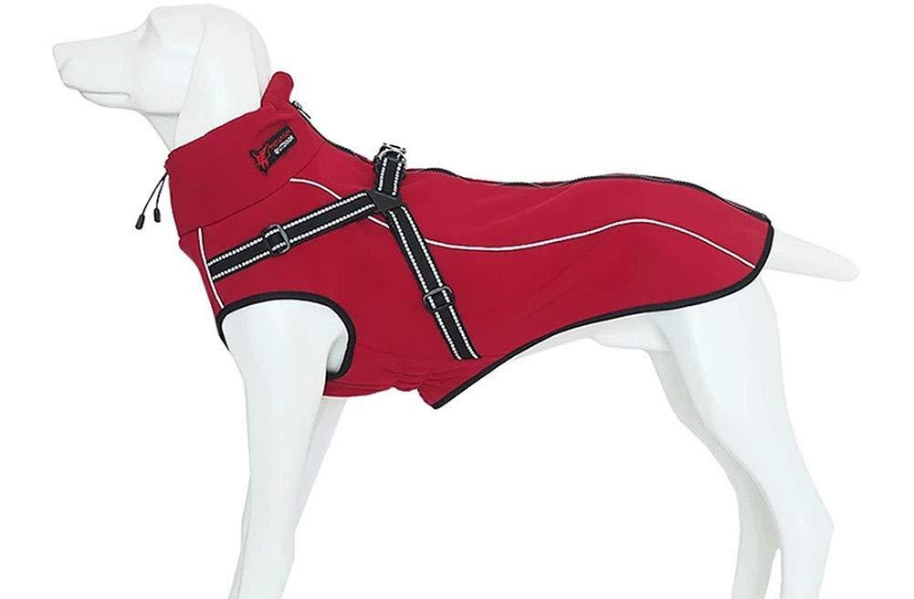 Gvuu Dog Jacket with Harness, Windproof Dog Vest with Reflective Strips for Medium LarDogs, Warm and Cozy Dog Sport Vest, Dog Winter Coat, Warm Dog Apparel with High Neckline Collar - Red,XL