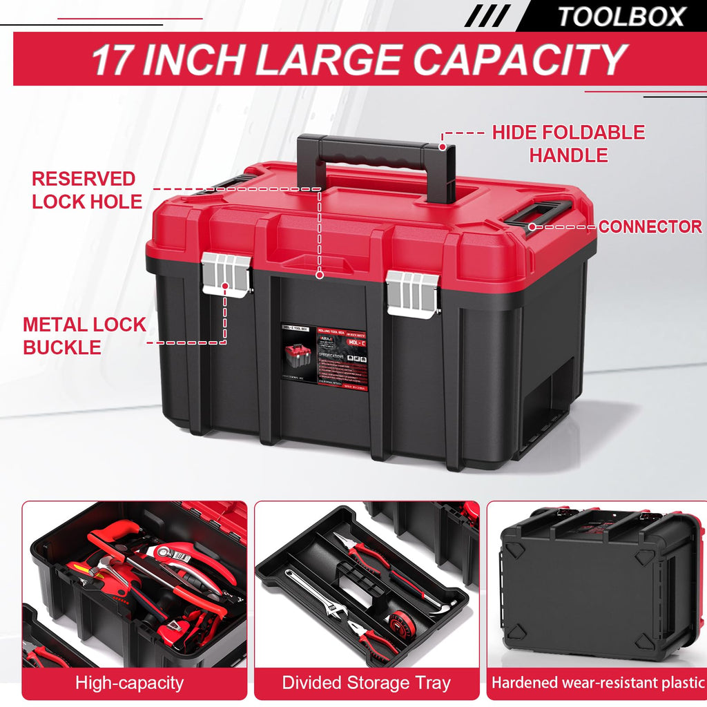 3-in-1 Rolling Tool Box with Wheels,Stackable Modular Tool Organizer System,17" Portable Waterproof Toolbox on Wheels for Garage,Mechanics and Home Repair (Red-Black)