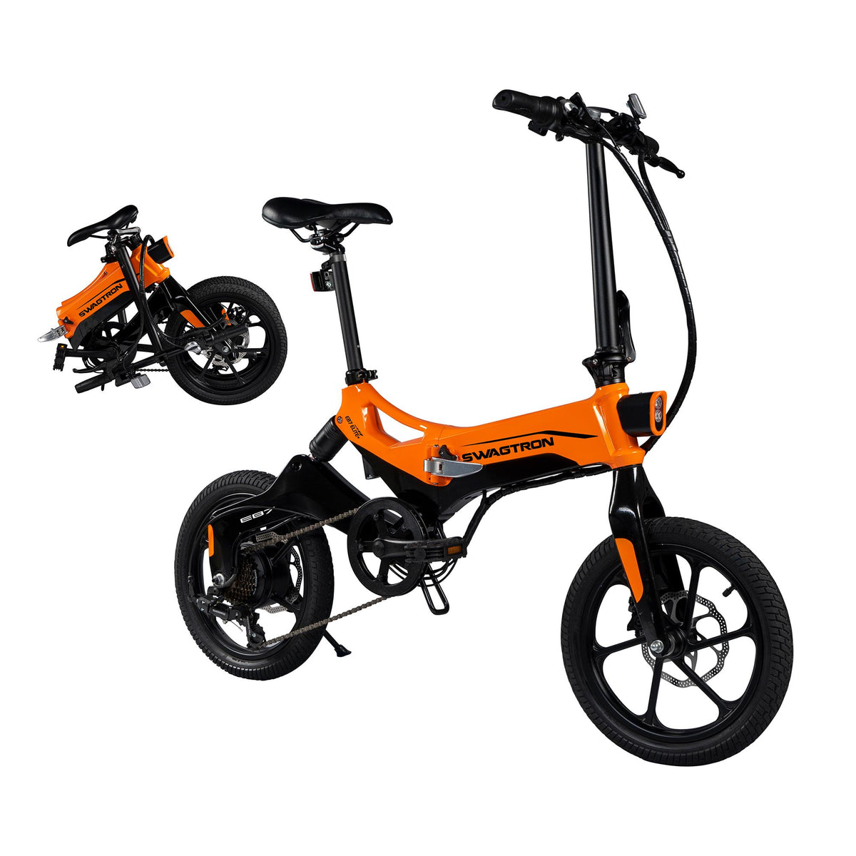 Swagtron EB7 Plus Folding Electric Bike with Removable Battery 7-Speed  Pedal-Assist Ebike Suspension 16-Inch Tires 350W Motor Extended 19-Mile Range