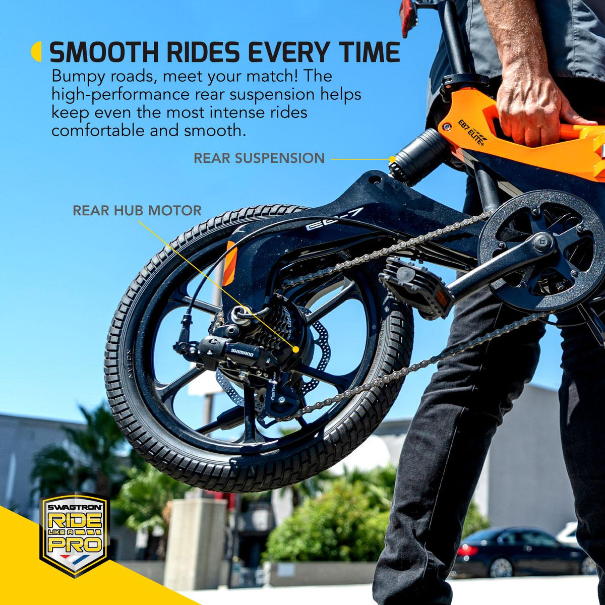 Swagtron EB7 Plus Folding Electric Bike with Removable Battery 7-Speed  Pedal-Assist Ebike Suspension 16-Inch Tires 350W Motor Extended 19-Mile Range