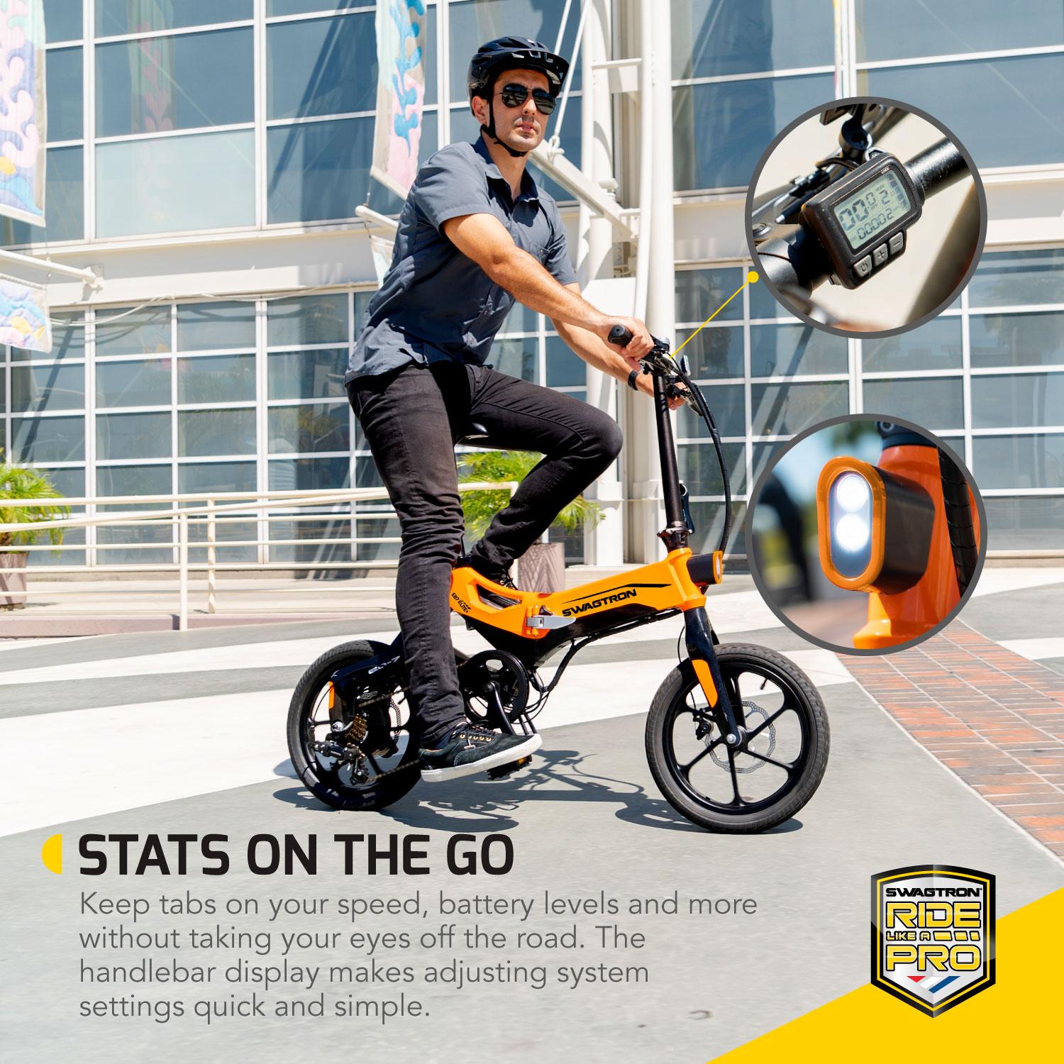 Swagtron EB7 Plus Folding Electric Bike with Removable Battery 7-Speed  Pedal-Assist Ebike Suspension 16-Inch Tires 350W Motor Extended 19-Mile Range