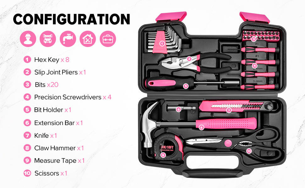 39pcs Pink Household Tool Set, Essential Hand Tool Kit with Plastic Toolbox for Home Repairs, DIY & Crafts, Perfect for Students & Everyday Use