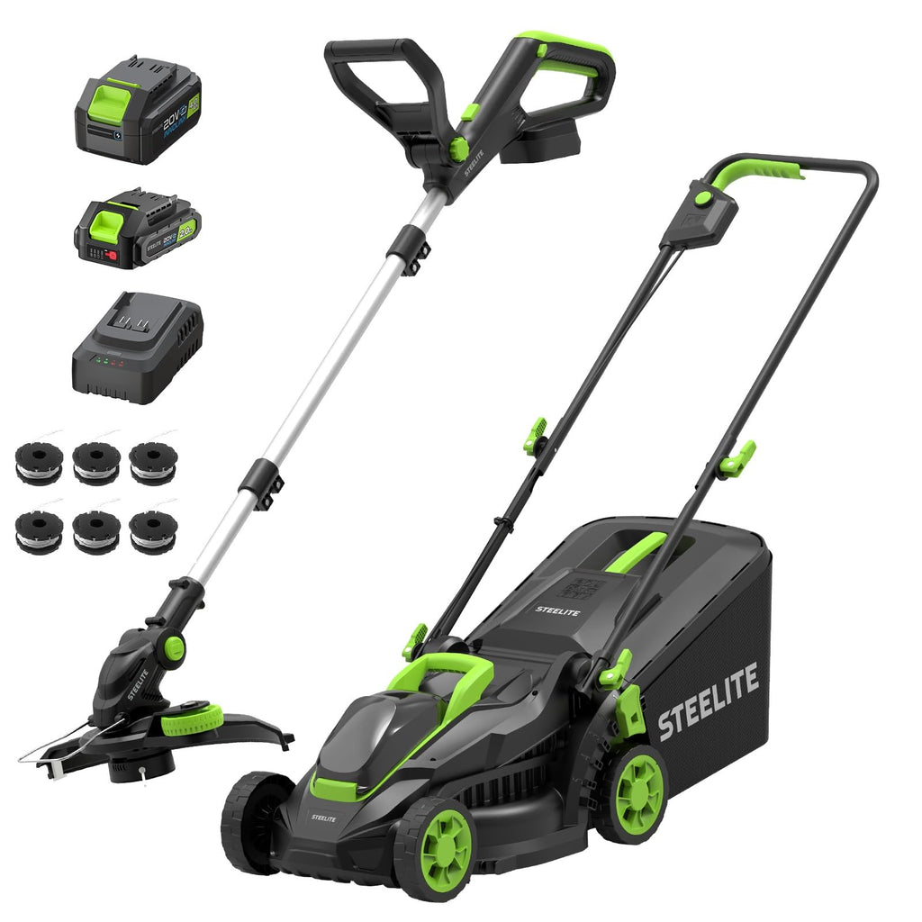 20V Electric Lawn Mower &amp; 12-Inch 2-in-1 String Trimmer/Edger Combo, 13-Inch Cordless Mower with 4.0Ah + 2.0Ah Batteries &amp; Charger, 5 Replacement Spools for Small Lawns