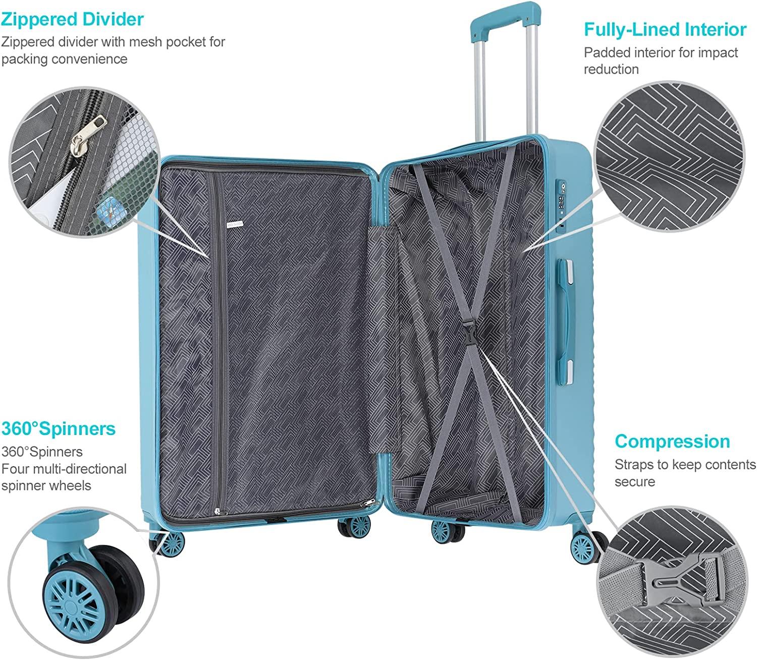 Luggage 3 Piece Set Suitcases Spinner Lightweight with TSA Approved, BLUE WAVE