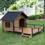 LarDog House Lodwith Porch Deck Kennels Crates Solid Fir Spacious Deck for Sunny Nap Insulated Keep Rain Out Outdoor 67w X 31d X 38h