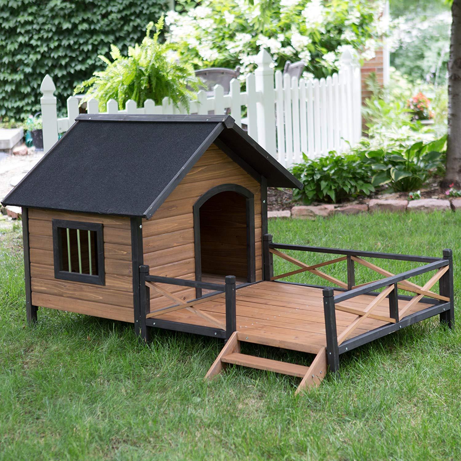 LarDog House Lodwith Porch Deck Kennels Crates Solid Fir Spacious Deck for Sunny Nap Insulated Keep Rain Out Outdoor 67w X 31d X 38h